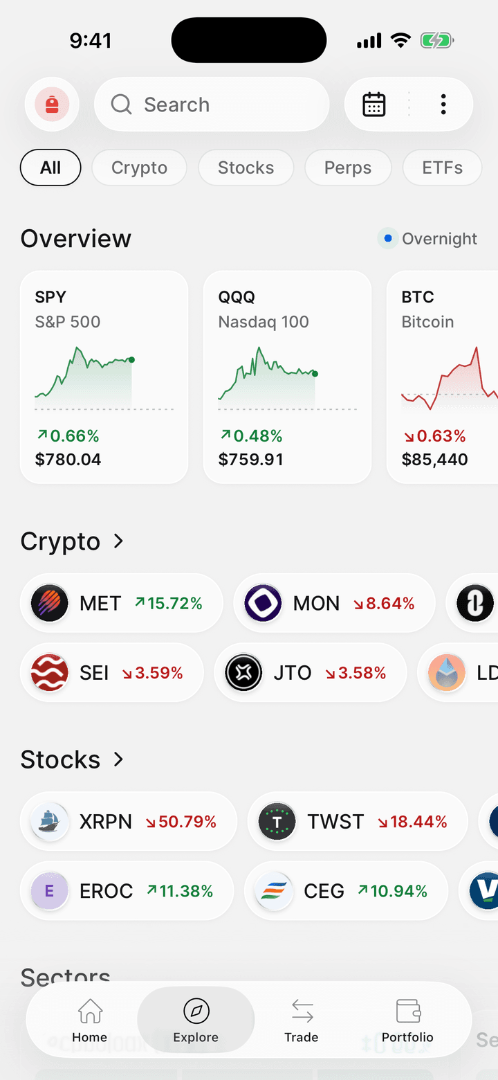 The Explore tab of the Backpack app, with a market overview and top movers.